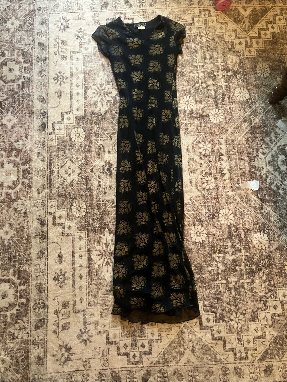 NAF NAF Black Maxi dress with Gold Floral Print whimsy goth 90s paper tag